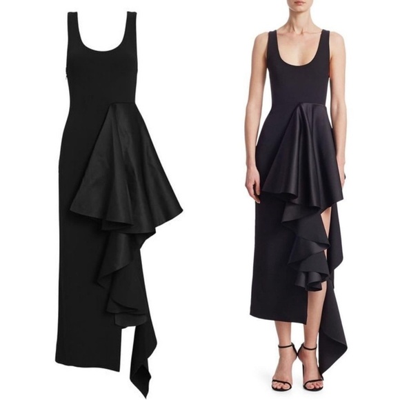 SOLACE LONDON Naya Satin Side Asymmetric Ruffle Maxi Dress Black Sz XS - Picture 9 of 11